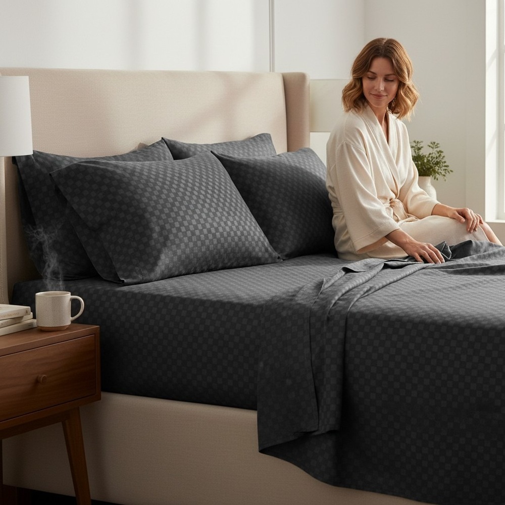 Cosy House Queen Bed Sheets Black Checkered Dots 1800 Series 6pc Set New